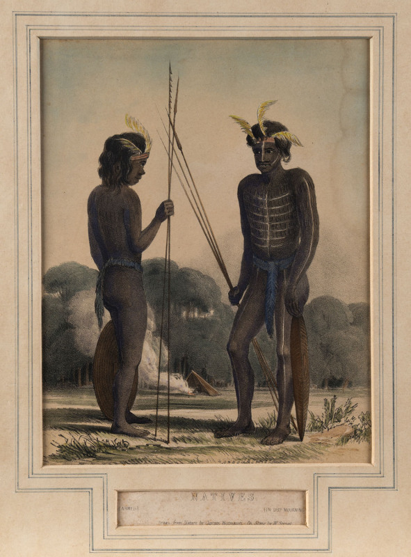ROBERT MARSH WESTMACOTT [c1801-1870], Natives (Armed and In Deep Mourning), hand coloured lithograph, circa 1848, 22 x 17cm. Captain Westmacott resided in the Illawarra between 1837-47.