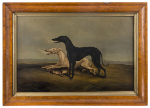 Artist Unknown, Hunting Hounds, A pair of oils on board, early 19th Century, each 27 x 42.5, both in original maple frames with Morrison & Co., Glasgow labels.