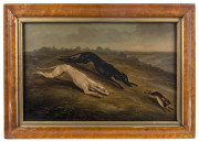 Artist Unknown, Hunting Hounds, A pair of oils on board, early 19th Century, each 27 x 42.5, both in original maple frames with Morrison & Co., Glasgow labels. - 2