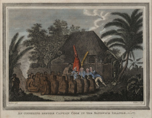 After JOHN WEBBER [1752-1793], An Offering Before Captain Cook in the Sandwich Islands, hand coloured engraving,1779, 15 x 19cm