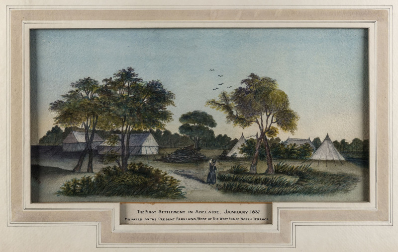 JAMES STUART [1802 -1842], The First Settlement in Adelaide. January 1837. Situated in the present Parkland, west of the West End of North Terrace. watercolour, with hand-painted title below, signed "Stuart" at lower left, 23 x 43cm.