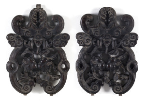 Two Chinese carved wooden chair splats with bats, clouds and pomegranate, 18th/19th century, 37cm high