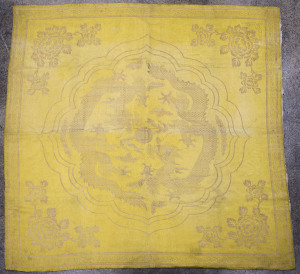 A Chinese embroidered yellow silk altar cloth with dragon motif, 19th century, 110 x 108cm