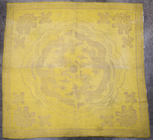 A Chinese embroidered yellow silk altar cloth with dragon motif, 19th century, ​110 x 108cm