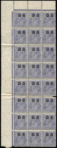 3d Blue KGV, left marginal blk.24, irregular vert. blk.20, blk.4 and a single. Varieties noted. With a few faults, but majority fine. (49 stamps).