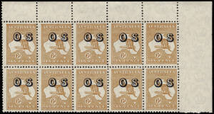 6d Chestnut Roo (SG.O133), top R cnr block (10) with "Diagonal scratch at top L. etc" on top R unit. Plus a lower R cnr single. Cat. BW $100 each. (11 stamps).