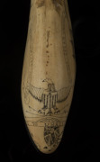 An impressive scrimshaw whale's tooth engraved "Sperm Whales Off Japan. Boiling Sperm Whales. Success To Whalers, J. Nutbrown", 21cm high - 3