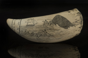 A scrimshaw whale's tooth engraved "Whaleship Neptune, 1849. Stove Boat", 20cm high
