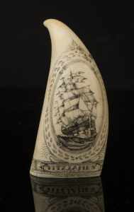 A scrimshaw whale's tooth with ship portrait "Fitzjames, 1902", signed Tonkin, ​12cm high