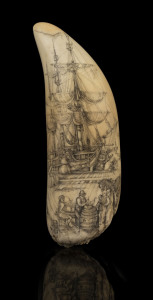 A large scrimshaw whale's tooth with harbour scene, ​21.5cm high