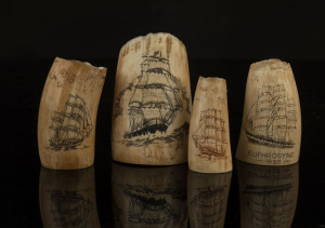 Four scrimshaw whale's teeth with ship portraits, the tallest 8.5cm high