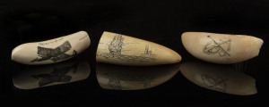 Three scrimshaw whale's teeth with ship scene, anchor and sperm whale scene, 9cm long