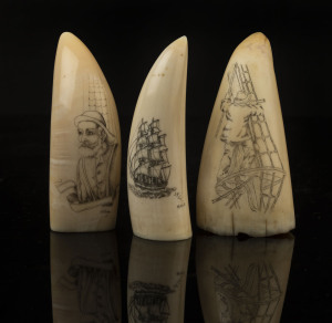 Three scrimshaw whale's teeth with portrait views of ships and sailors, the tallest 10cm high