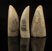 Three scrimshaw whale's teeth with portrait views of ships and sailors, ​the tallest 10cm high