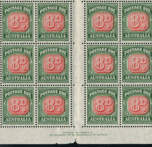 1957 (SG.127; BW.D137) 8d Red & Deep Green, wmk C of A, full sheet with By Authority imprint. Incl. listed BW. varieties d & e at LP 1/2 & RP 7/1. Minor damage to lower margin. Cat.£390+. (120).