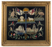 A REMARKABLE AUSTRALIAN COAT-OF-ARMS FROM CHARTERS TOWERS, circa 1880, Large framed Australian coat-of-arms, worked in wool by William Duncan of Charters Towers. Original gilt frame, 71 x 78cm overall The four quadrants of the shield (bale of wheat, meri - 2