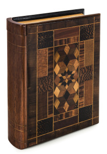 THOMAS GRIFFITHS Book box, Queensland and exotic specimen timbers, Mount Tamborine, Queensland, early 20th century, fitted with velvet lined drawer with makers ink stamp, 20cm high