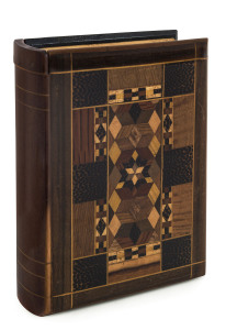 THOMAS GRIFFITHS Book box, Queensland and exotic specimen timbers, Mount Tamborine, Queensland, early 20th century, (missing drawer) 20cm high