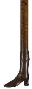 A Tasmanian walking stick, fiddleback blackwood shaft with musk handle carved in the form of a boot, 19th century, 93cm long