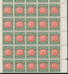 1959 (SG.138; BW.D154) 8d Red and Deep Green, Die II, no wmk, full sheet with perf pip at R. Will yield 12 strips of 5 with selvedge both sides, refer BW.D154c. Cat.£720+. (120),