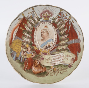 Queen Victoria cabinet plate "A Souvenir Of Her Majesty's Diamond Jubilee And Glorious Reign Of 60 Years, 1837-1897", listing various colonies of the Empire; interestingly Australia, as well as Tasmania, are listed as being separate colonies. 24.5cm diameter