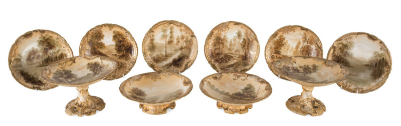 BLANCHE B. DAVIS [Australia, 1858 - 1933] A collection of six plates and four compote stands, c1907. Hand-painted porcelain, each signed and titled verso, 21cm diameter (plates); 22cm diameter (compote stands).