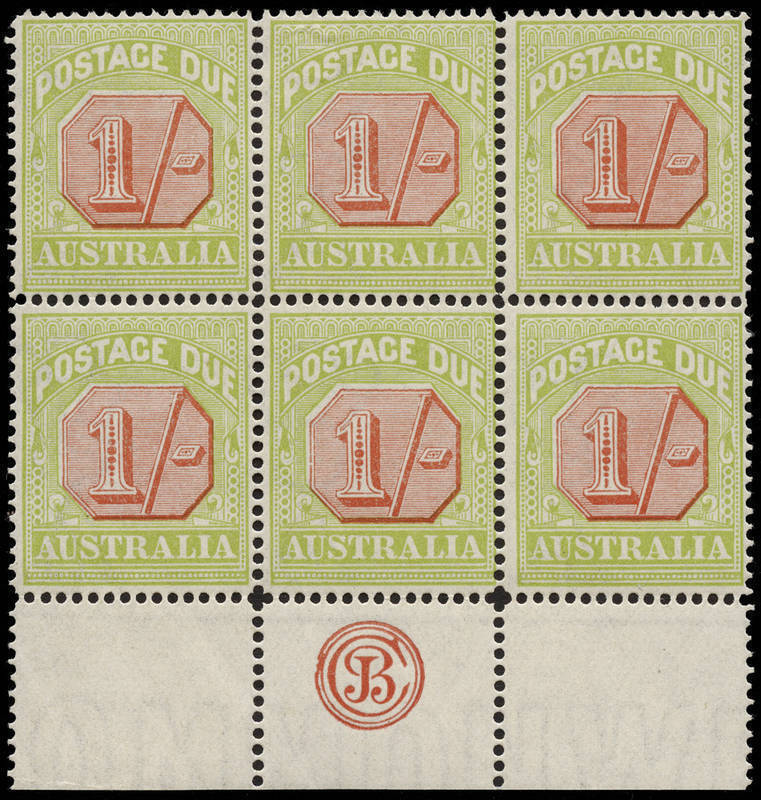 1912-23 (SG.D85) Thin paper, perf.14: 1/- Scarlet & Yellow-Green, JBC Monogram block; lower units superb MUH; upper units MLH. BW:D102z+.