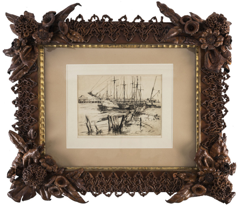 An Australian folk art leather frame, 19th century,with Allen Glover engraving, frame 60cm x 70cm