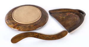 A pokerwork board, crumb tray and brush, circa 1920