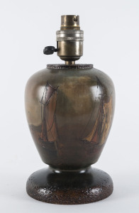 A pokerwork lamp base with painted boating scene, huon pine, Tasmanian origin, circa 1920