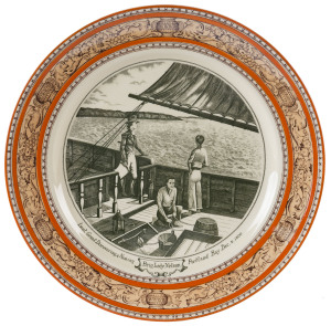 A pair of Adams porcelain plates with Australian scenes, circa 1930s, i) Brig Lady Nelson, Lieut. Grant Discovering & Naming Portland Bay Dec. 5, 1800. ii) Peeps At The Past, Sydney 1802 Dawes Point From Fort Macquarie. 25cm diameter