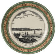 A pair of Adams porcelain plates with Australian scenes, circa 1930s, i) Brig Lady Nelson, Lieut. Grant Discovering & Naming Portland Bay Dec. 5, 1800. ii) Peeps At The Past, Sydney 1802 Dawes Point From Fort Macquarie. 25cm diameter - 2