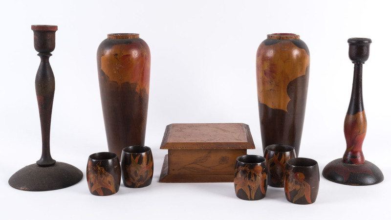 Pokerwork box, candlesticks, vases and napkin rings, huon pine, circa 1920, the tallest 25cm high