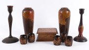 Pokerwork box, candlesticks, vases and napkin rings, huon pine, circa 1920, the tallest 25cm high