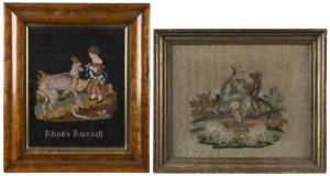 Two woolwork tapestries, one titled "Rhonda Russell", 19th century, the larger 30 x 40cm overall