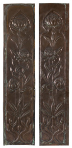 A pair of Australian Art Nouveau hand-beaten copper fireside panels; waratah motifs, circa 1890s, 96.5 x 20.5cm each