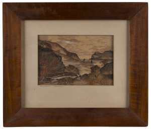 Folk art picture titled "Burrangarra (Sea Beach)", seaweed and bark, Western Australian origin, 20th century, original labels verso, housed in a fine blackwood frame, 14 x 21cm