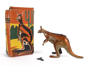 "Novelty Mechanical Kangaroo" tin plate clockwork toy by A. Wells & Co. Ltd. made in Great Britain, with original box, mid 20th century, 16cm long