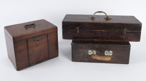 Three antique timber cases with handles, one turned into a workman's lunch box,19th/20th century, the largest 39cm across
