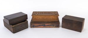 Five assorted folk art boxes some with advertising including tobacco, household tacks and cheese, 19th/20th century, the largest 32cm across