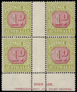 1922-30 (SG.D91) 1d Carmine & Green, Ash Imprint block, superb MLH/MUH. BW:D106zb.