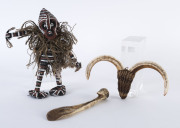 Three tribal artefacts, bone, tusk, woven fibre and nylon, Papua New Guinea, 20th century, painted figure 24cm high