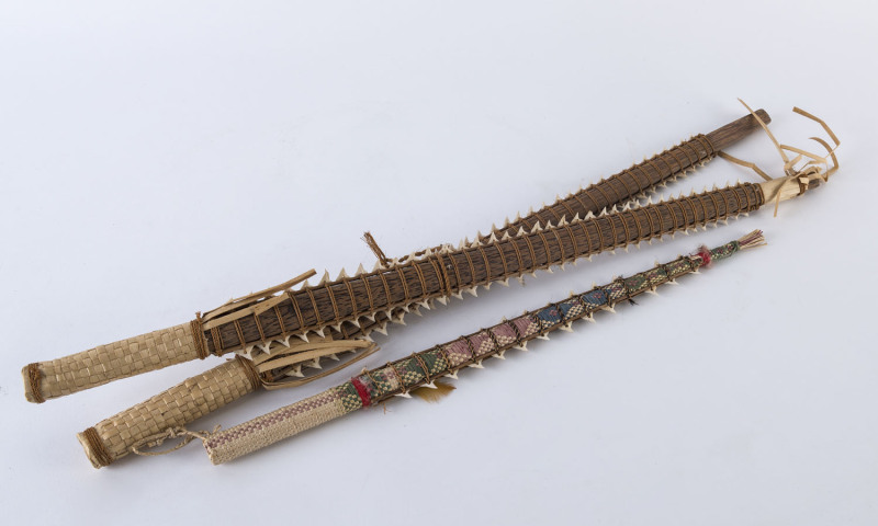 Three tribal swords, shark tooth and woven fibre, Gilbert Island (Kiribati), 20th century, largest 60cm high