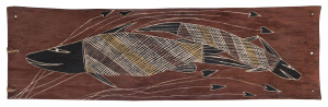 BOB (BOBBE) NAMUNDJA (1922-2007), fish, natural earth pigment on bark, signed "Bobbe Namundja", gallery number "72", 25 x 75cm
