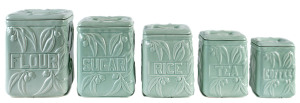 MELROSE WARE Set of five kitchen canisters with gumnuts and leaves, the tallest 21cm high