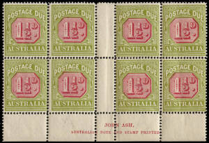 1922-31 (SG.D93) 1½d Carmine & Yellow-Green, Ash Imprint blk.(8); mainly MUH and very fresh. BW:D107zb.