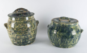 BENDIGO POTTERY: Two pottery bread crocks with mottled glazes, 19th century, 36cm and 28cm high