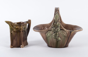 HARVEY SCHOOL Pottery jug and basket, Queensland origin, incised "M.S.", the basket 20cm high