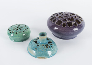 HARVEY SCHOOL Pottery candle stand and two flower aids, incised "Kay Cooke", "Mable Turner", the largest 17cm across