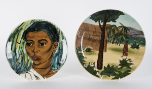 MARTIN BOYD two pottery plates with Polynesian themes, signed "Martin Boyd Australia", 31cm and 27cm diameter